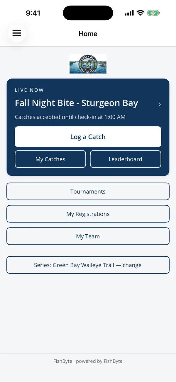 The FishByte app home screen in Green Bay Walleye Trail's navy, showing a LIVE NOW card for the Fall Night Bite on Sturgeon Bay with a Log a Catch button.
