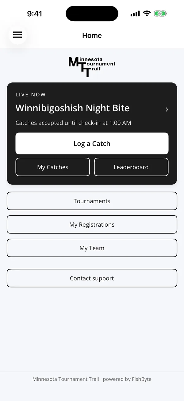 The same home screen in Minnesota Tournament Trail's own app, in black with the MTT logo, showing a LIVE NOW card for the Winnibigoshish Night Bite.