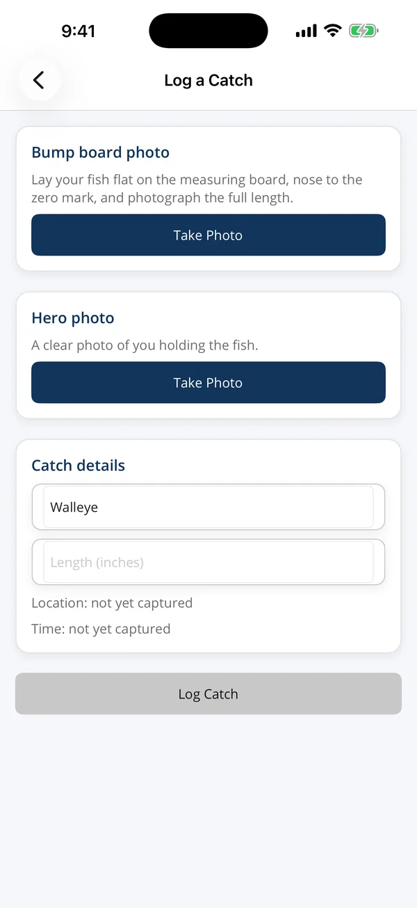 The Log a Catch screen, with a card for the bump board photo, a card for the hero photo, and catch details below them holding the species Walleye and an empty length field.